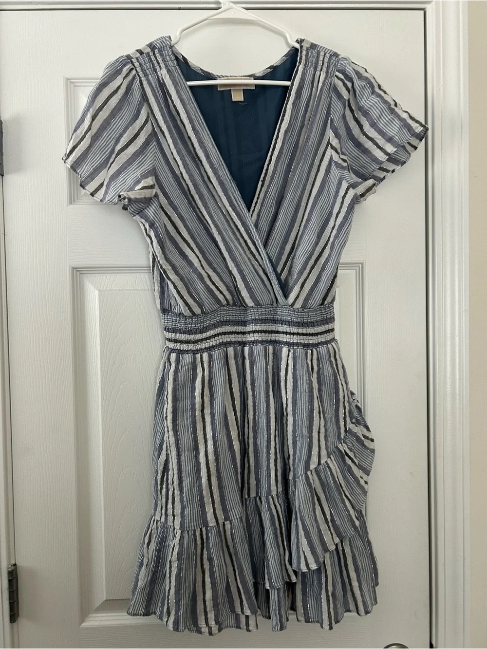 Michael Kors Blue and White Striped Wrap Midi Dress